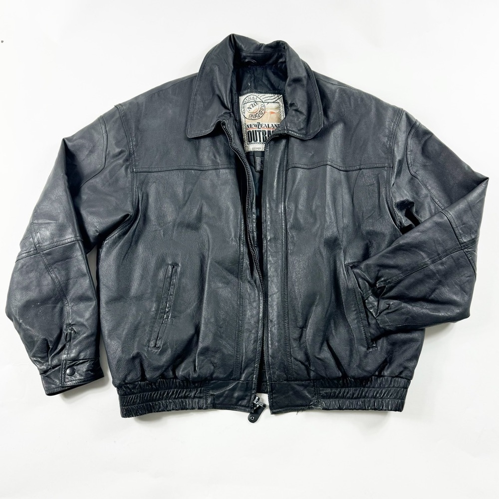 🪩 140. Black Leather Bomber Jacket NEW ZEALAND OUTBACK Mens XL Full Zip Closure